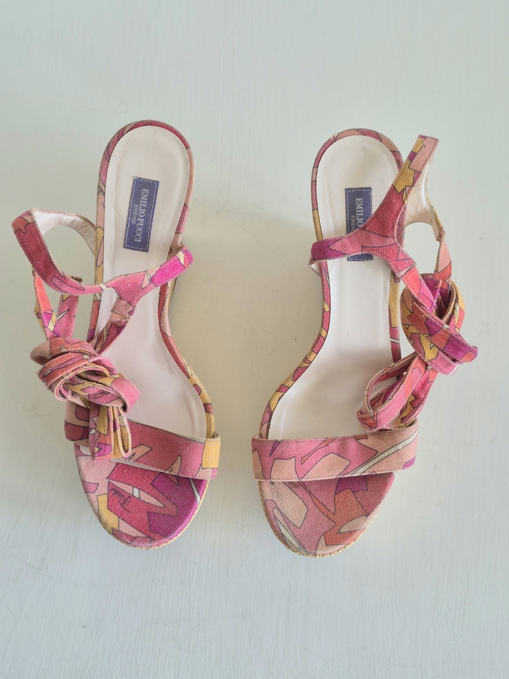 Emilio Pucci Multicolor Abstract Pattern Ankle Tie Wedge Sandals US Sz 9/EU 40